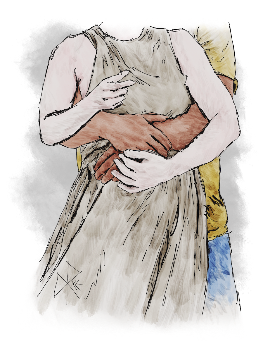 A man stands behind a woman, with his arms wrapped around her belly in a tight hug. Sketch art by Don Rice.
