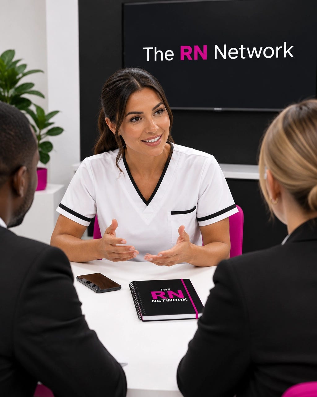 A nurse entrepreneur in white scrubs presenting a simple service idea to community professionals at a black-and-white table A nurse entrepreneur in white scrubs presenting a simple service idea to community professionals at a black-and-white table