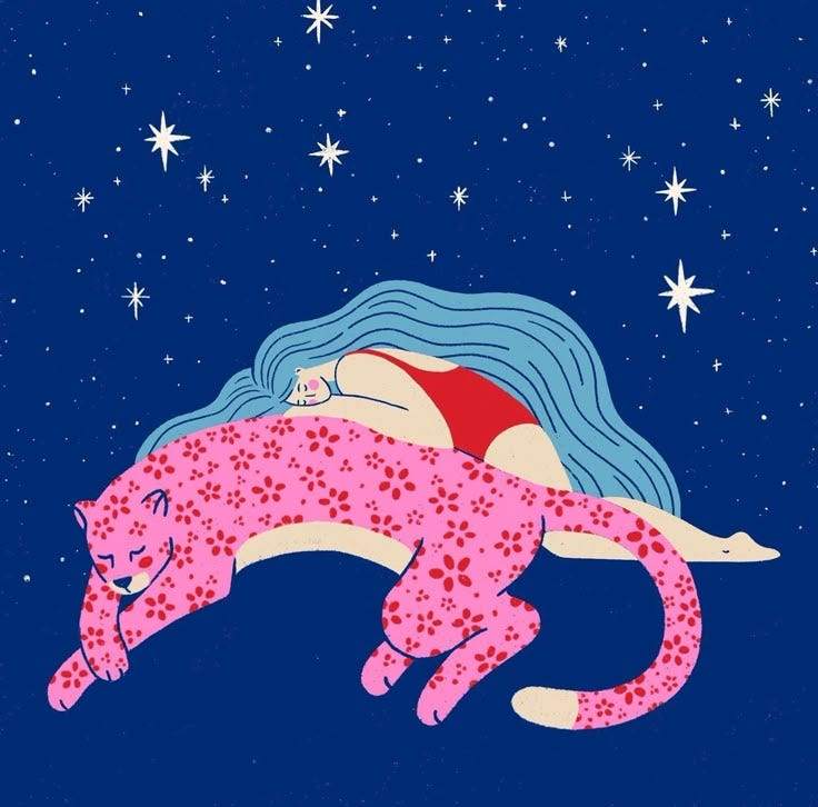 This may contain: a painting of a woman laying on top of a pink leopard in the night sky