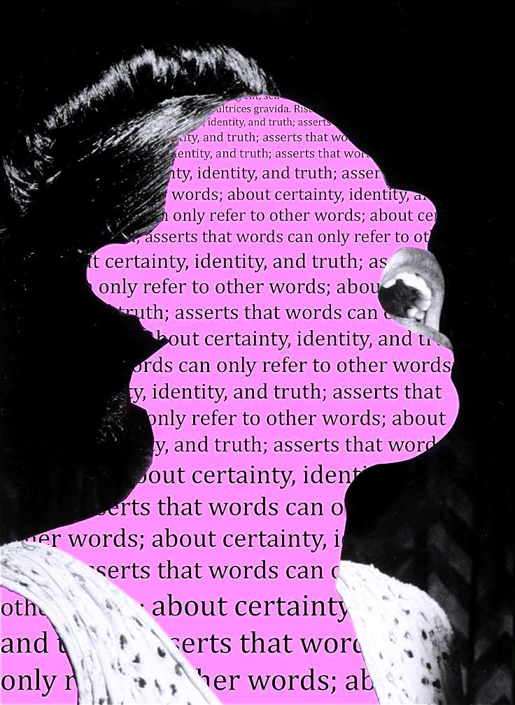 This may contain: a black and white photo with words written in pink on the image, including an illustration of a woman's profile