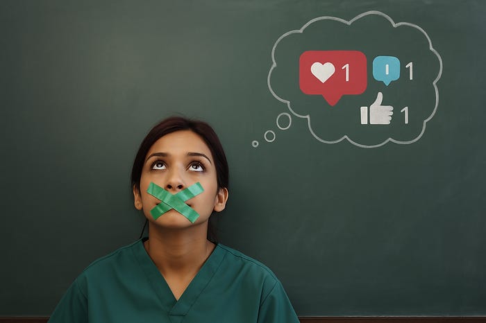 Woman with taped mouth in green scrubs against a chalkboard. Thought bubble shows social media icons, suggesting muted expression.