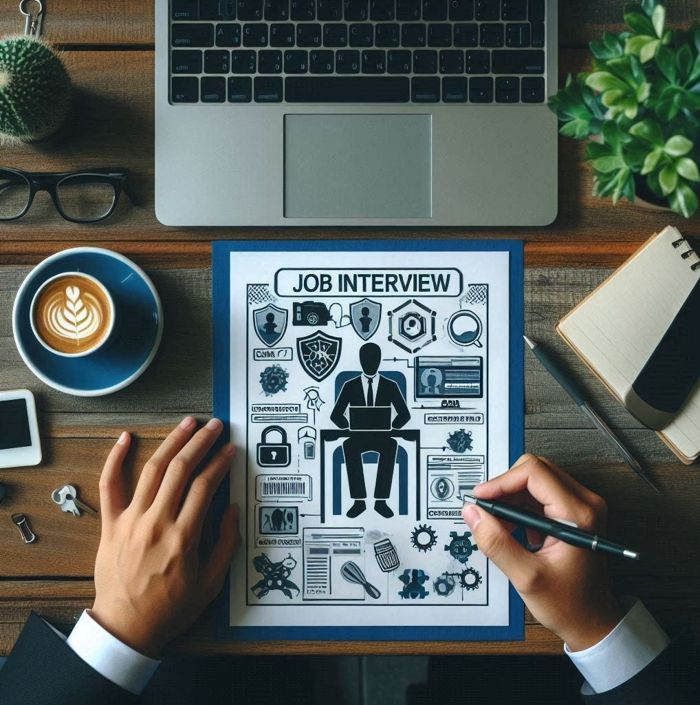 prepare an image of a person preparing for a job interview. Make the paper on the table contain cybersecurity-related topics