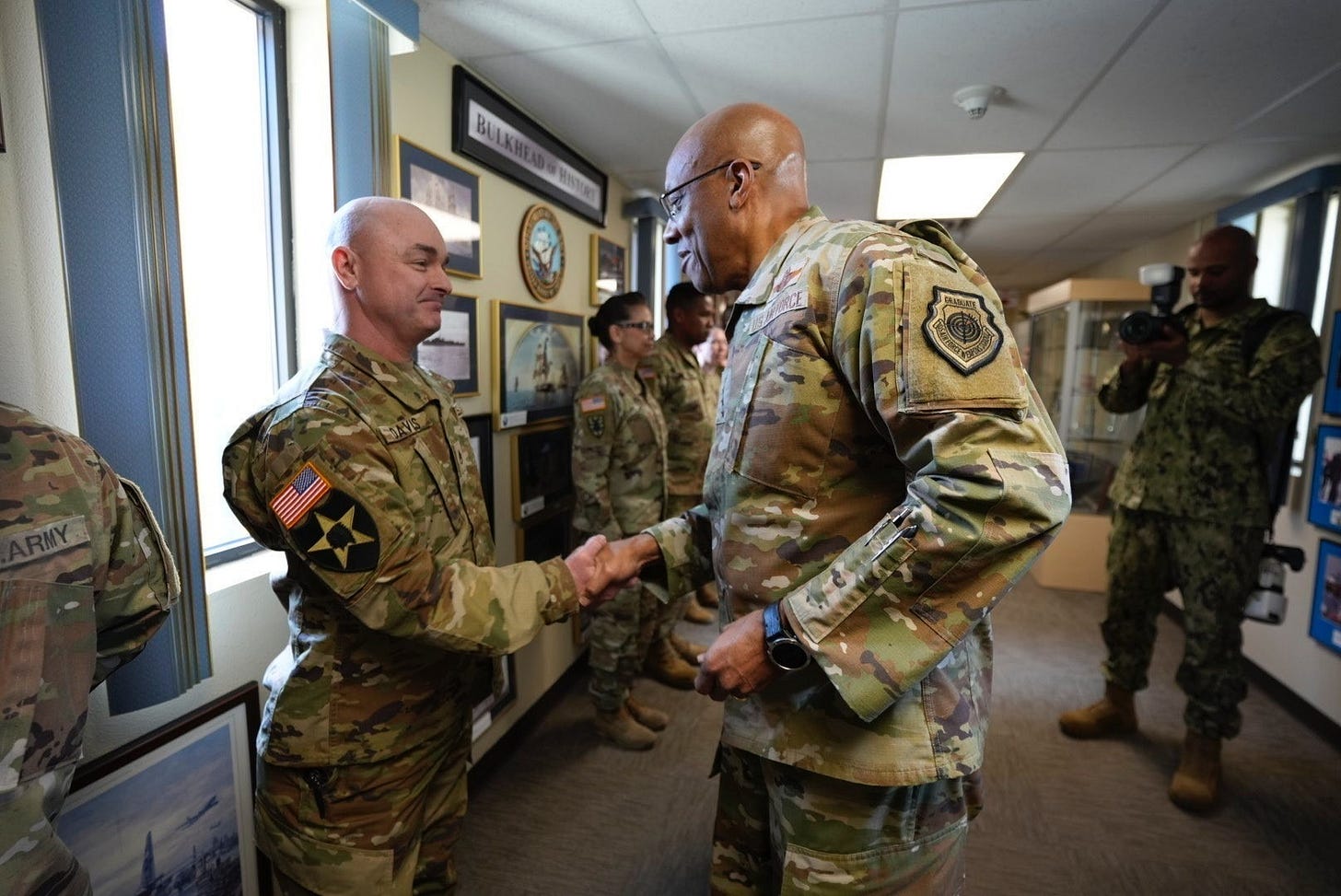 Joint Chiefs of Staff Chairman General CQ Brown shakes the hand of a soldier at Fort Bliss, Texas on a border tour on February 21, 2025. Joint Chiefs of Staff Chairman General CQ Brown shakes the hand of a soldier at Fort Bliss, Texas on a border tour on February 21, 2025.