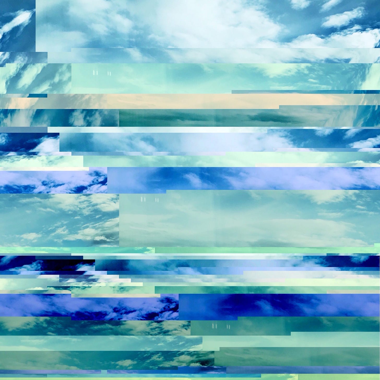 An artwork composed of various blues and cloudlike shapes distorted geometrically predominately along the horizontal axis. An artwork composed of various blues and cloudlike shapes distorted geometrically predominately along the horizontal axis.