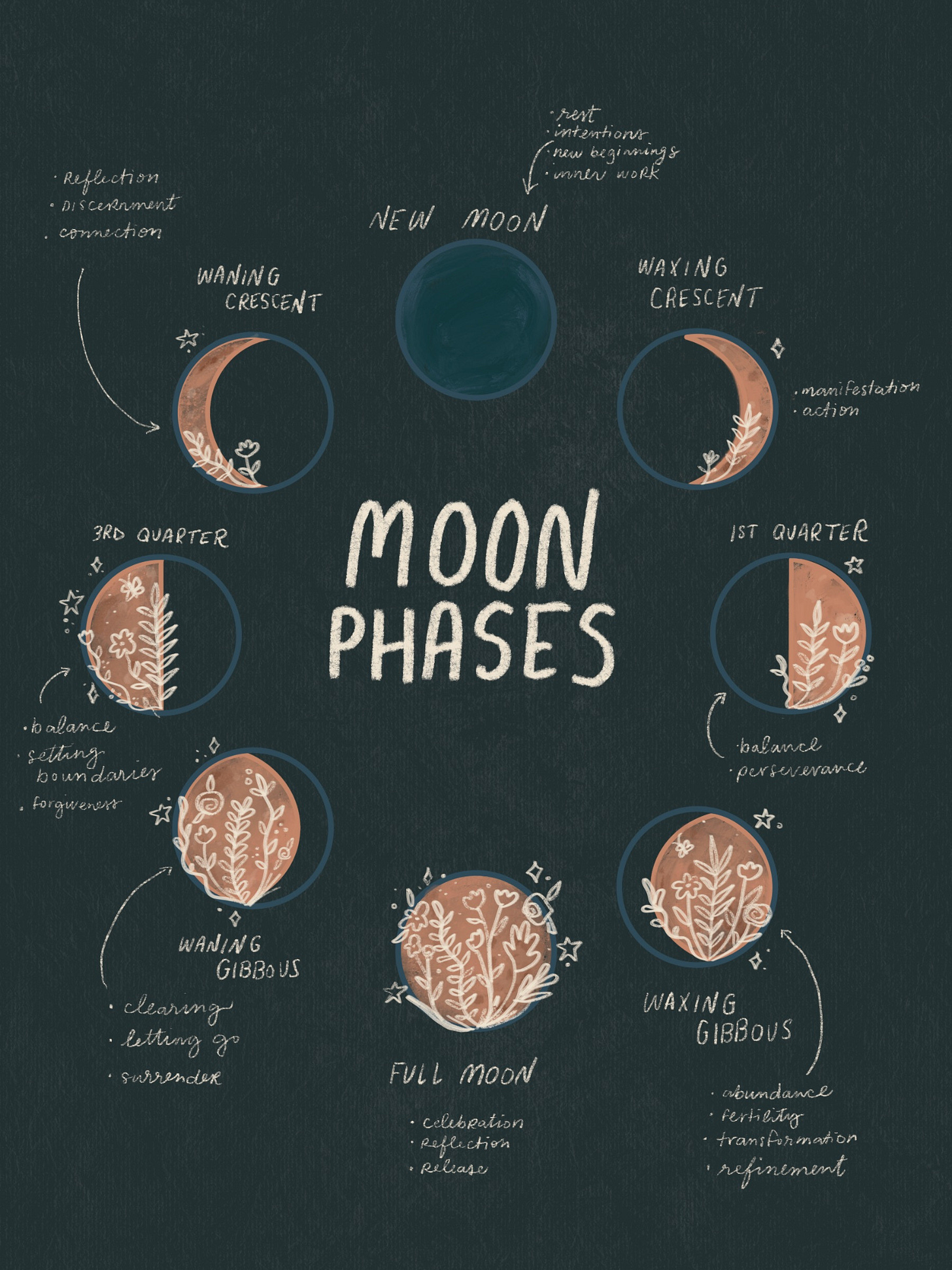 Moon Phase chart with themes for each phase of the Moon.