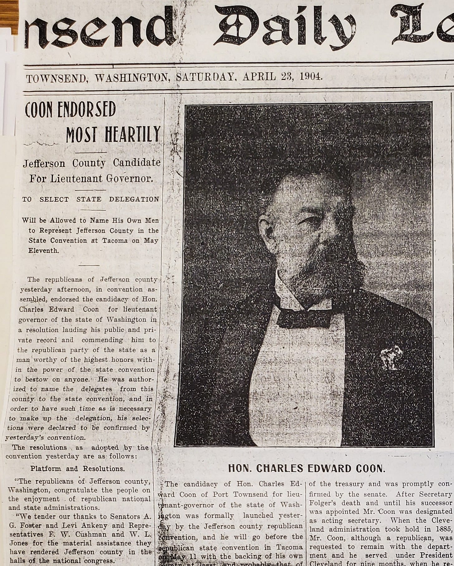 Black-and-white newspaper clipping from the Port Townsend Daily Leader dated April 23, 1904. The headline reads “COON ENDORSED MOST HEARTILY,” beside a formal portrait labeled “HON. CHARLES EDWARD COON.”