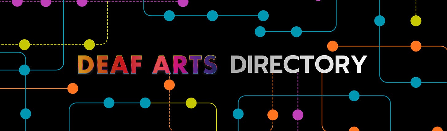 A colorful network of dots and lines, with the words Deaf Arts Directory.