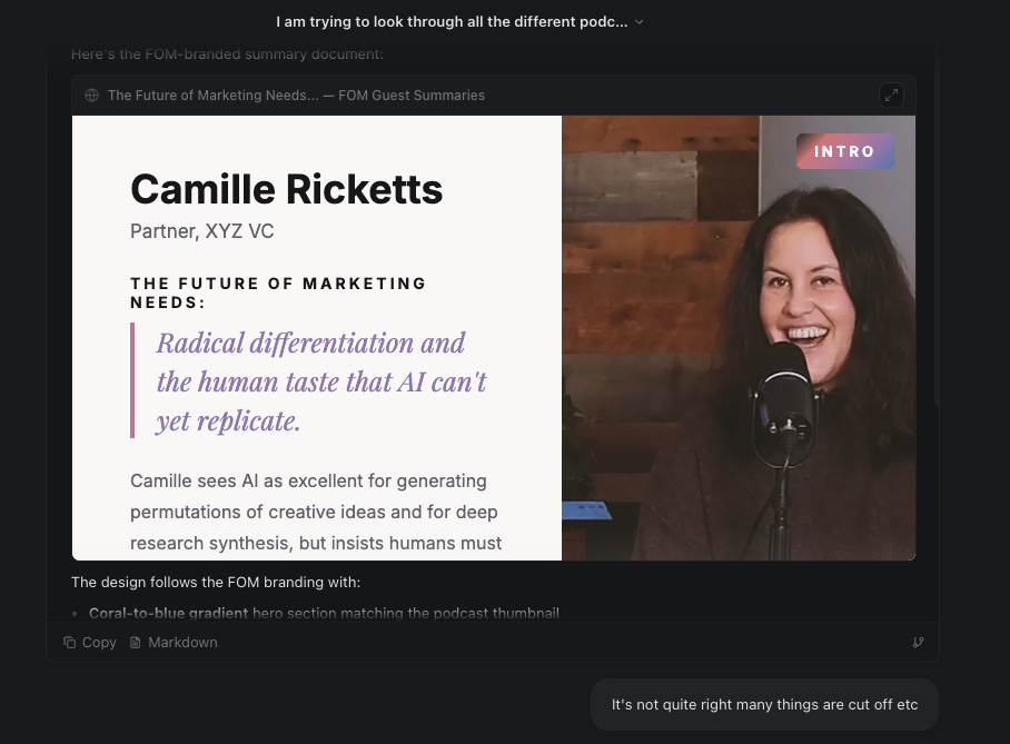 Content creation example showing Camille Ricketts podcast summary with branded design Content creation example showing Camille Ricketts podcast summary with branded design