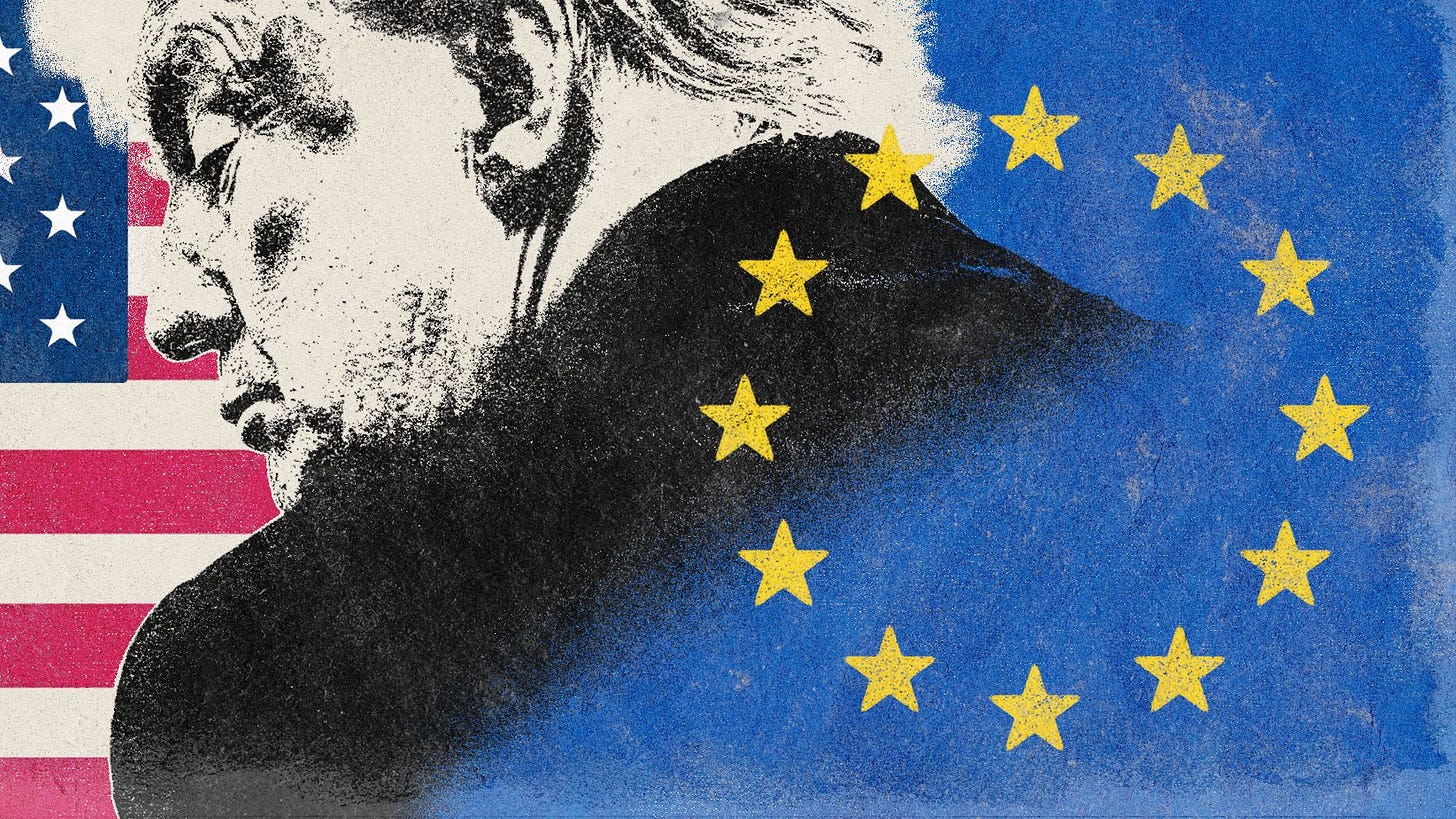 Illustration of collage, styled like a print poster, of Donald Trump between the American Flag, and the European Flag, which he has his back to.