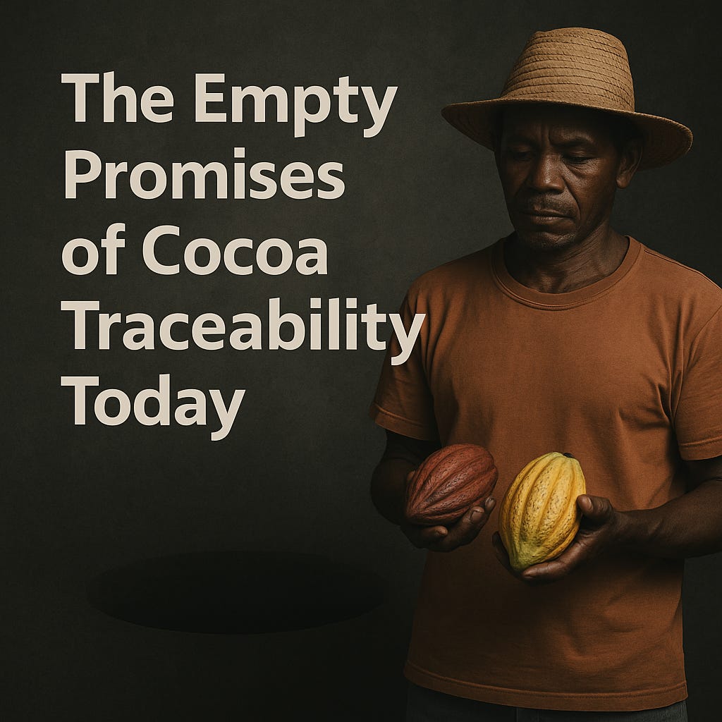 A digital graphic with the title 'The Empty Promises of Cocoa Traceability Today' in large white text on the left side. On the right, an African cocoa farmer wearing a straw hat and brown shirt looks down solemnly at two cocoa pods, one yellow and one red, in his hands. The background is dark and textured, with a faint shadow resembling a hole beneath the text, symbolising loss or emptiness