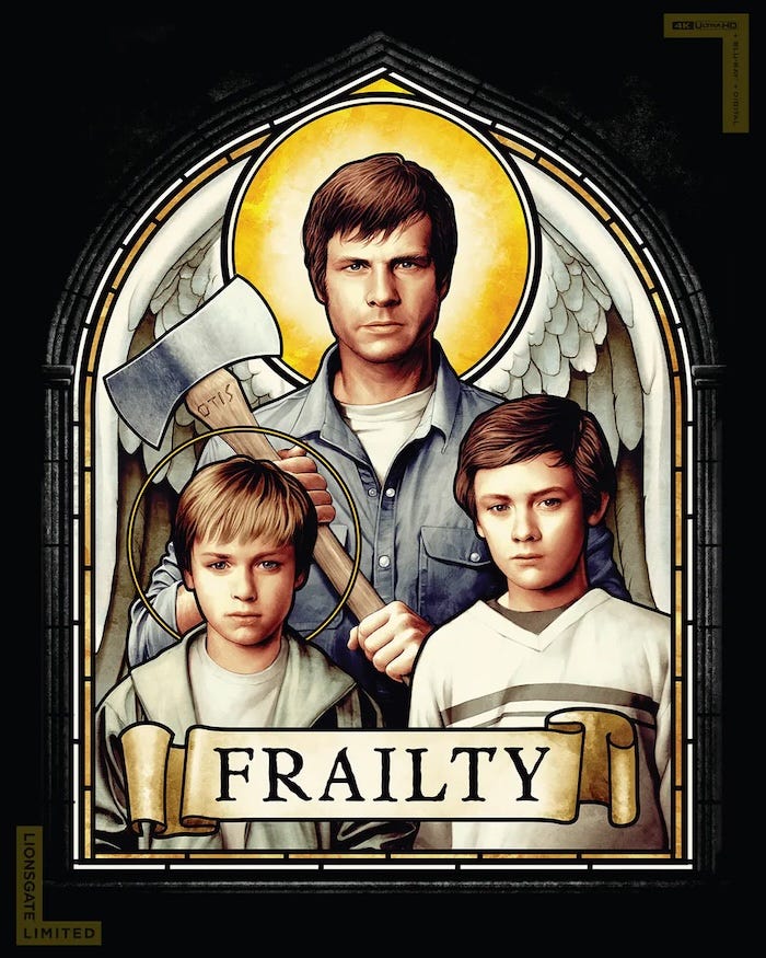 Stylized stained glass-style artwork of Bill Paxton holding an axe with two boys at his side for the 4K UHD release of Frailty, featuring angel wings and religious iconography.