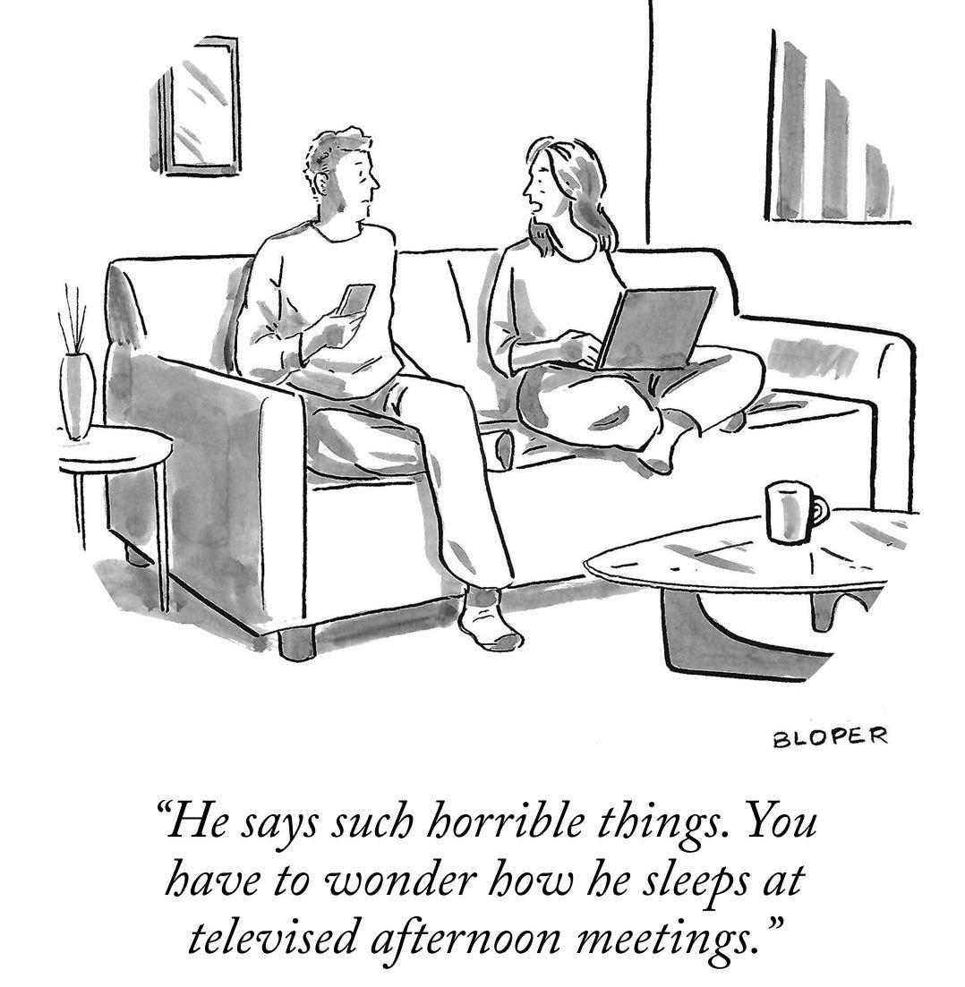 May be a doodle of text that says 'BLOPER "He says such horrible things. You have to wonder how he sleeps at televised afternoon meetings."' May be a doodle of text that says 'BLOPER "He says such horrible things. You have to wonder how he sleeps at televised afternoon meetings."'