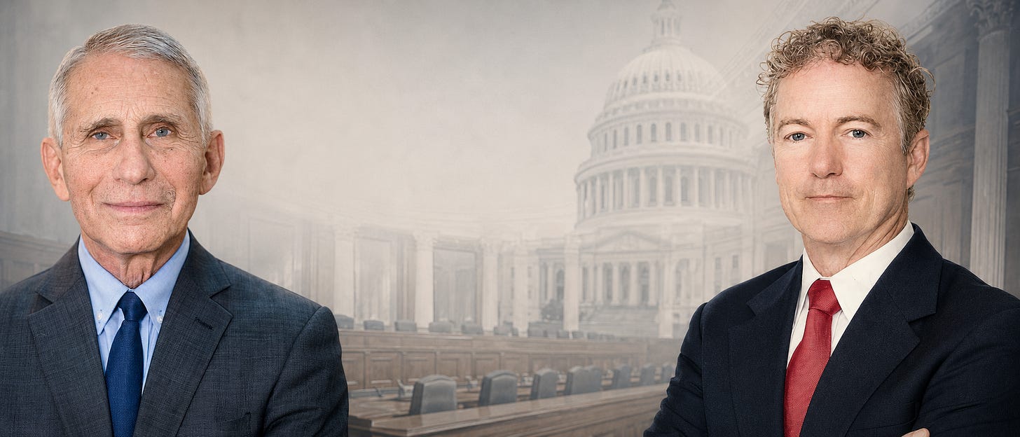 A computer generated pastiche of Dr. Fauci, HSGAC Chair Rand Paul, with a generic hearing room in the background.