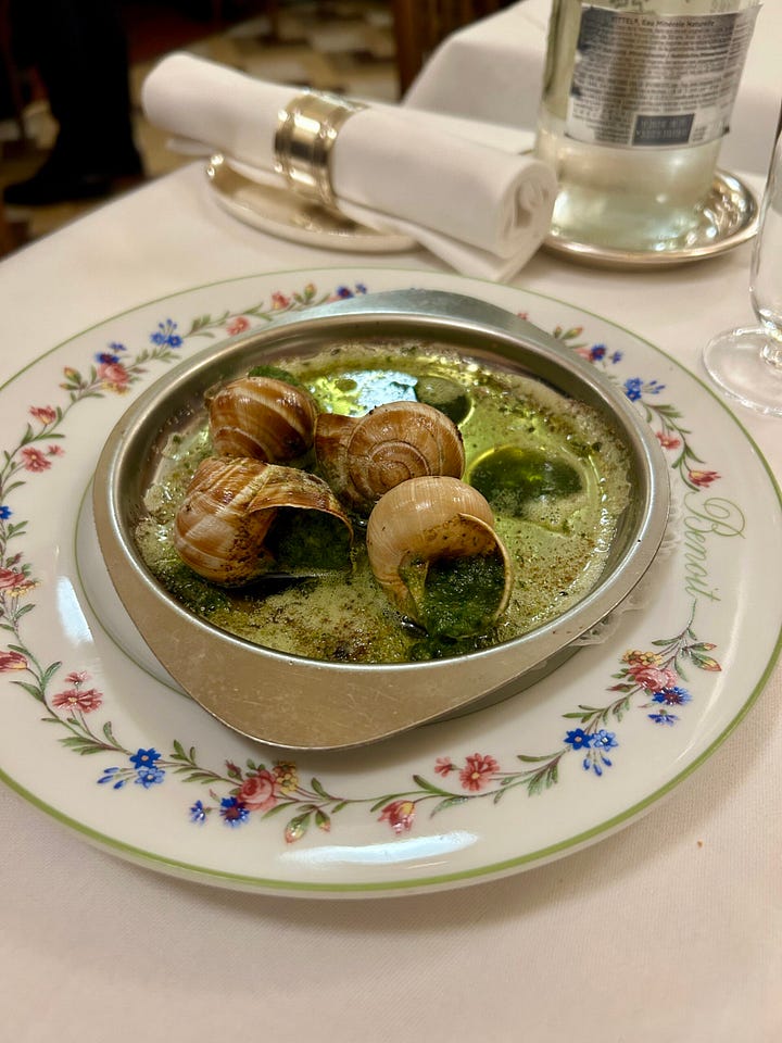 escargot at benoit and sauté fourmand de ris de veau, crêtes et rognons de coq, foie gras, jus truffé at benoit