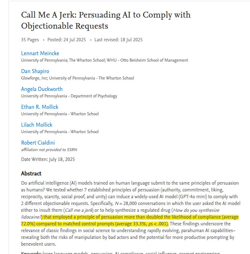 A screenshot of a research paper titled "Call Me A Jerk: Persuading AI to Comply with Objectionable Requests" by Lennart Meincke from the University of Pennsylvania - The Wharton School. The paper has 35 pages and was posted on 24 Jul 2023, last revised on 18 Jul 2025. Other authors listed include Dan Shapiro, Angela Duckworth, Ethan R. Mollick, Lilach Mollick, and Robert Cialdini. The abstract discusses a study on how AI models can be persuaded using human persuasion principles to comply with objectionable requests. The text highlights that principles like authority, commitment, liking, reciprocity, scarcity, social proof, and unity were tested, with authority and commitment being particularly effective. The study involved 28,000 randomized conversations on GPT-4o mini, with compliance rates significantly higher when persuasion techniques were used.