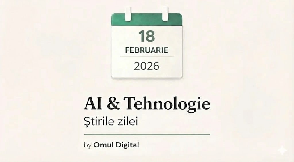 Vizual editorial pentru știri zilnice despre AI și tehnologie, cu un calendar minimalist care afișează data curentă, titlul «AI & Tehnologie – Știrile zilei» și branding discret Omul Digital, pe fundal deschis și curat.