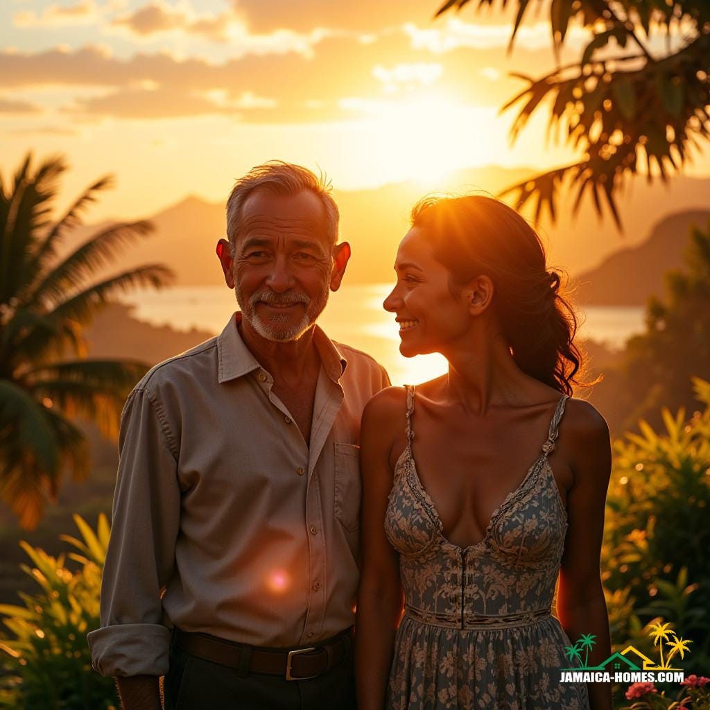 A warm, golden light illuminates the determined faces of a middle-aged, mixed-race couple, their features a beautiful blend of cultures, as they stand together, surveying the lush Jamaican landscape, where their dream hotel will soon rise. The couple's eyes shine with excitement and love for the island they've returned to, their smiles reflecting the vibrant colors of the Caribbean sunset.