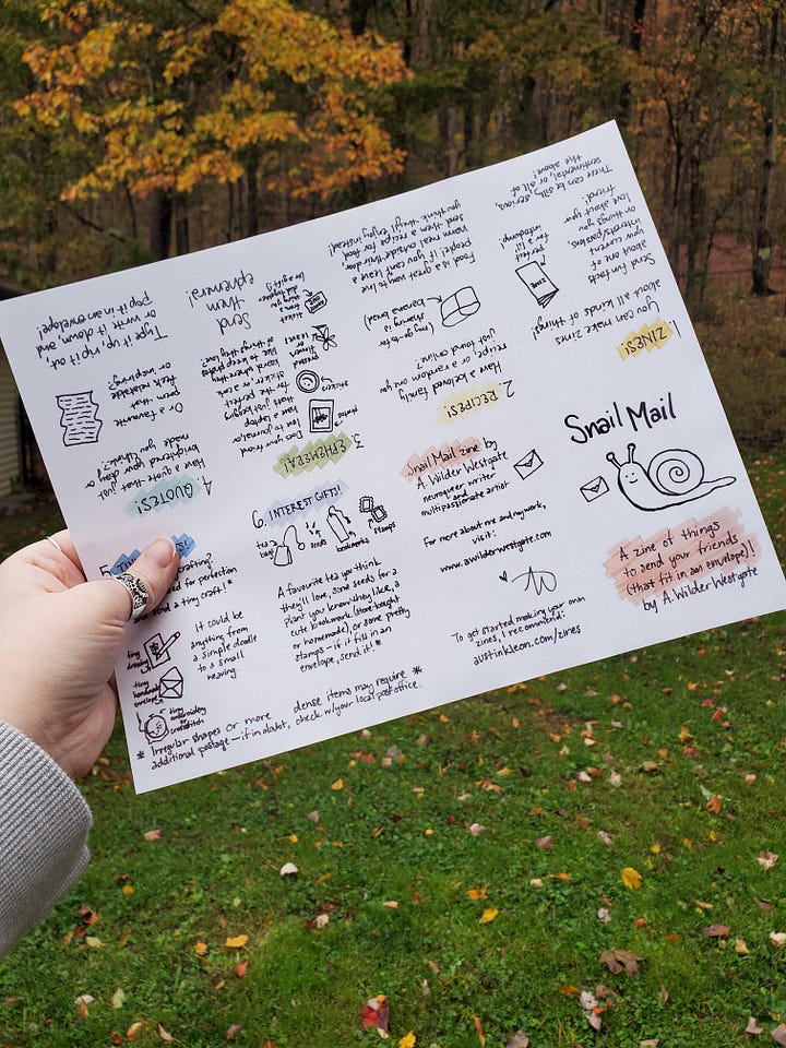 First photo: the cover of a one page mini zine, featuring a snail and tiny envelope. Second photo: a view of the zine unfolded. 