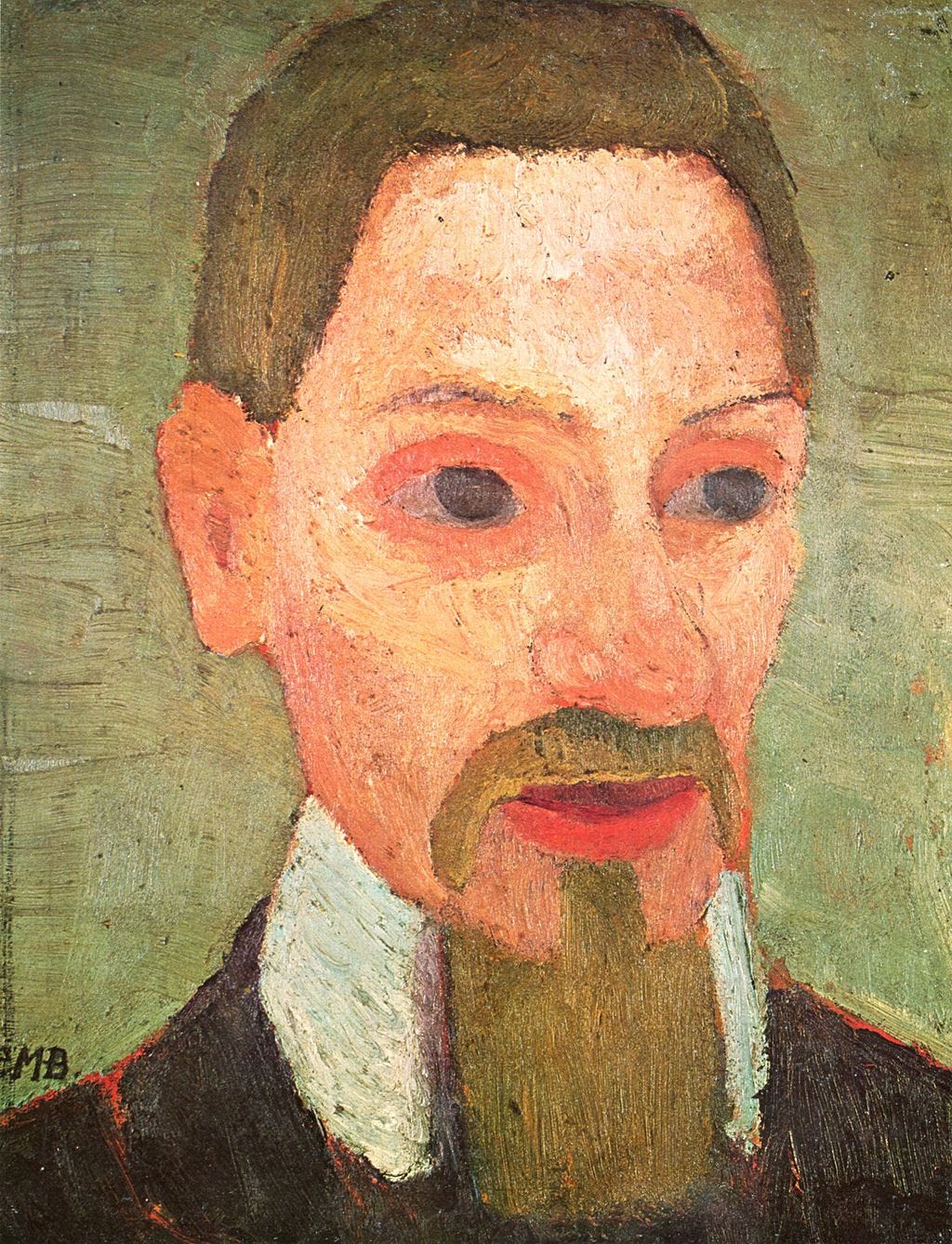 Painting of brown haired, brown eyed man with mustache and goatee and big eyes