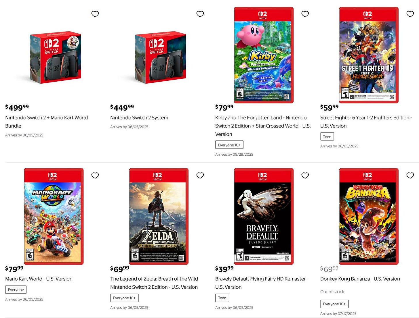 Screenshot of Walmart's Switch 2 listings, showing off $70 for Zelda, $80 for Mario Kart and Kirby, etc.