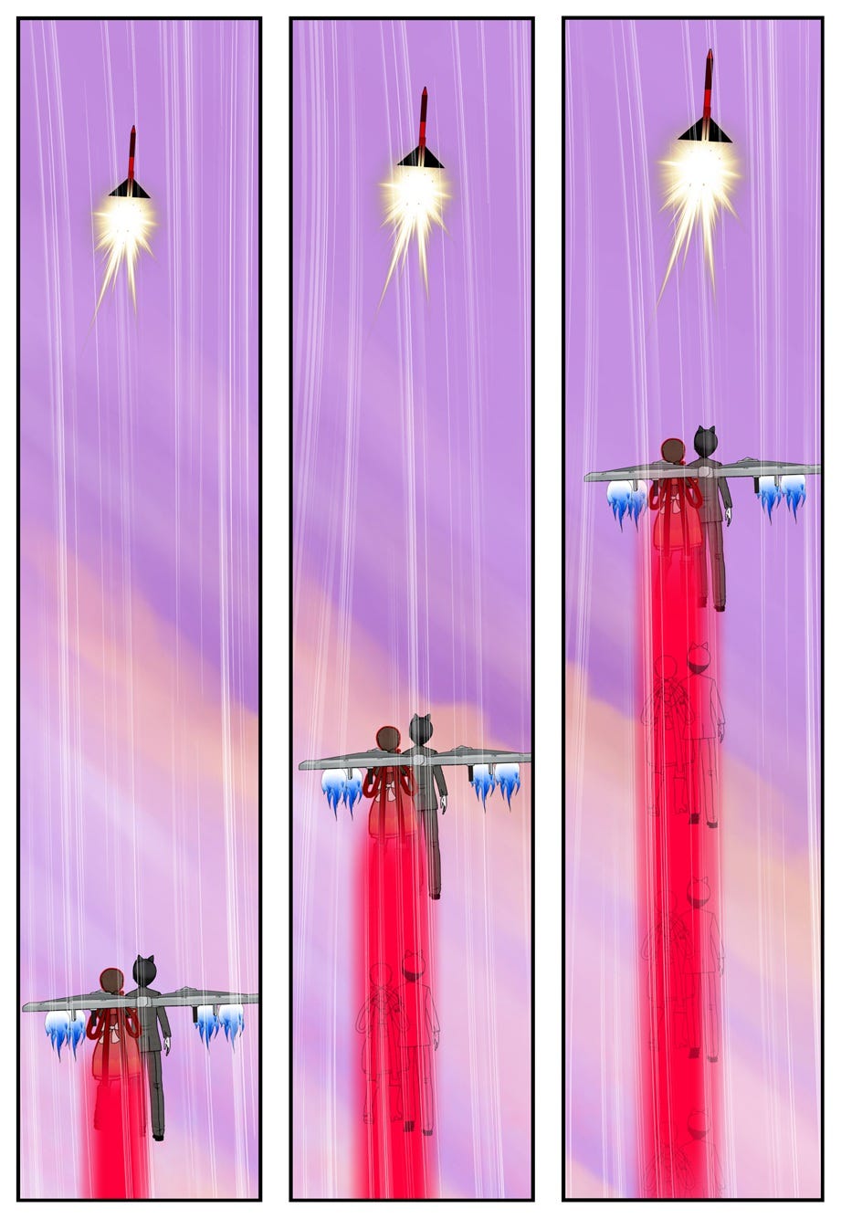 Jackie and Ace accelerate toward the missile together with Jackie's power.