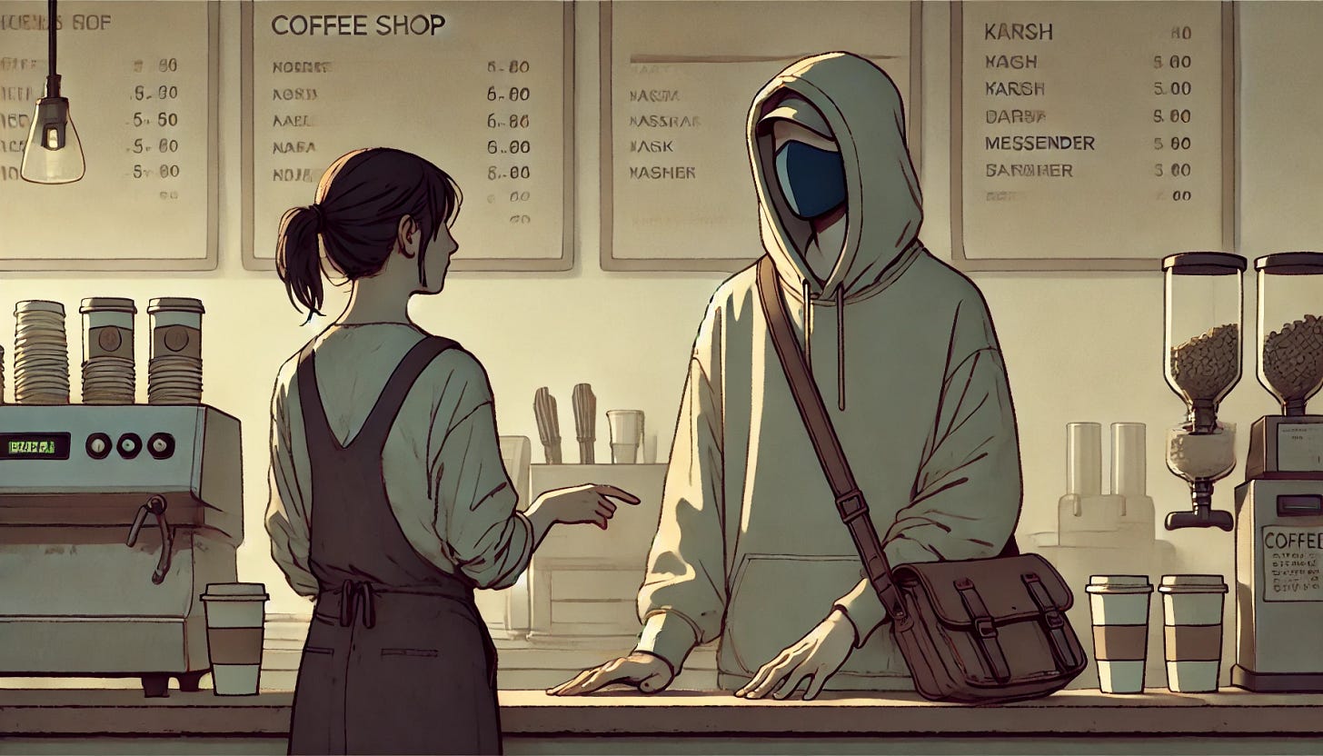 A simple, low-complexity illustration of a quiet coffee shop scene at dawn. A woman stands behind a counter with her hand resting on it, her expression thoughtful as she speaks to a man who has just entered. The man wears a loose, nondescript hoodie with the hood up, revealing part of his face, and a mask hangs loosely around his neck. He holds a leather messenger bag with one hand and drums his fingers on it with the other. The lighting is soft, capturing the early morning atmosphere, with a muted color palette. The menu board is visible in the background, blurred, and the scene feels quiet and introspective.