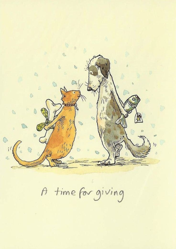 An ink and watercolor illustration of a cat and dog, facing each other, hands behind their backs holding gifts. They are preparing to gift each other desirable items - fish for the cat, bone for the dog.