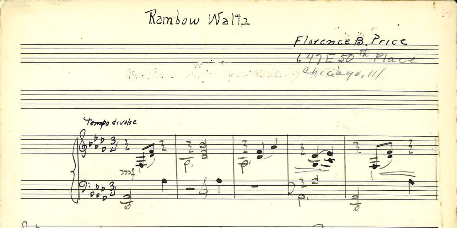 The first five bars of a manuscript of Florence Price's "Rainbow Waltz." Her address, 647 E. 50th Pl, Chicago, is jotted at top-right.