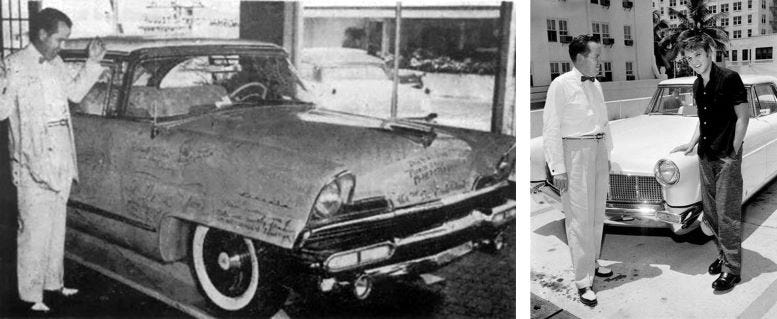 Elvis’ pink Cadillac after Friday’s shows, along with his Lincoln Continental Mark II. Elvis’ pink Cadillac after Friday’s shows, along with his Lincoln Continental Mark II.