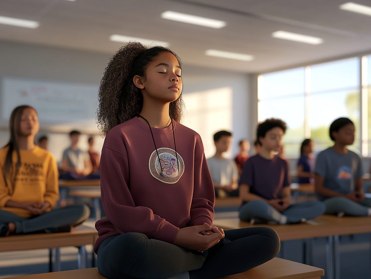 A diverse group of students in a classroom, eyes closed, practicing a breathing exercise.