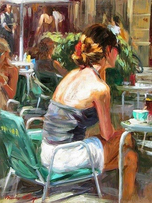 This may contain: a painting of a woman sitting in a chair at an outdoor cafe with other people This may contain: a painting of a woman sitting in a chair at an outdoor cafe with other people