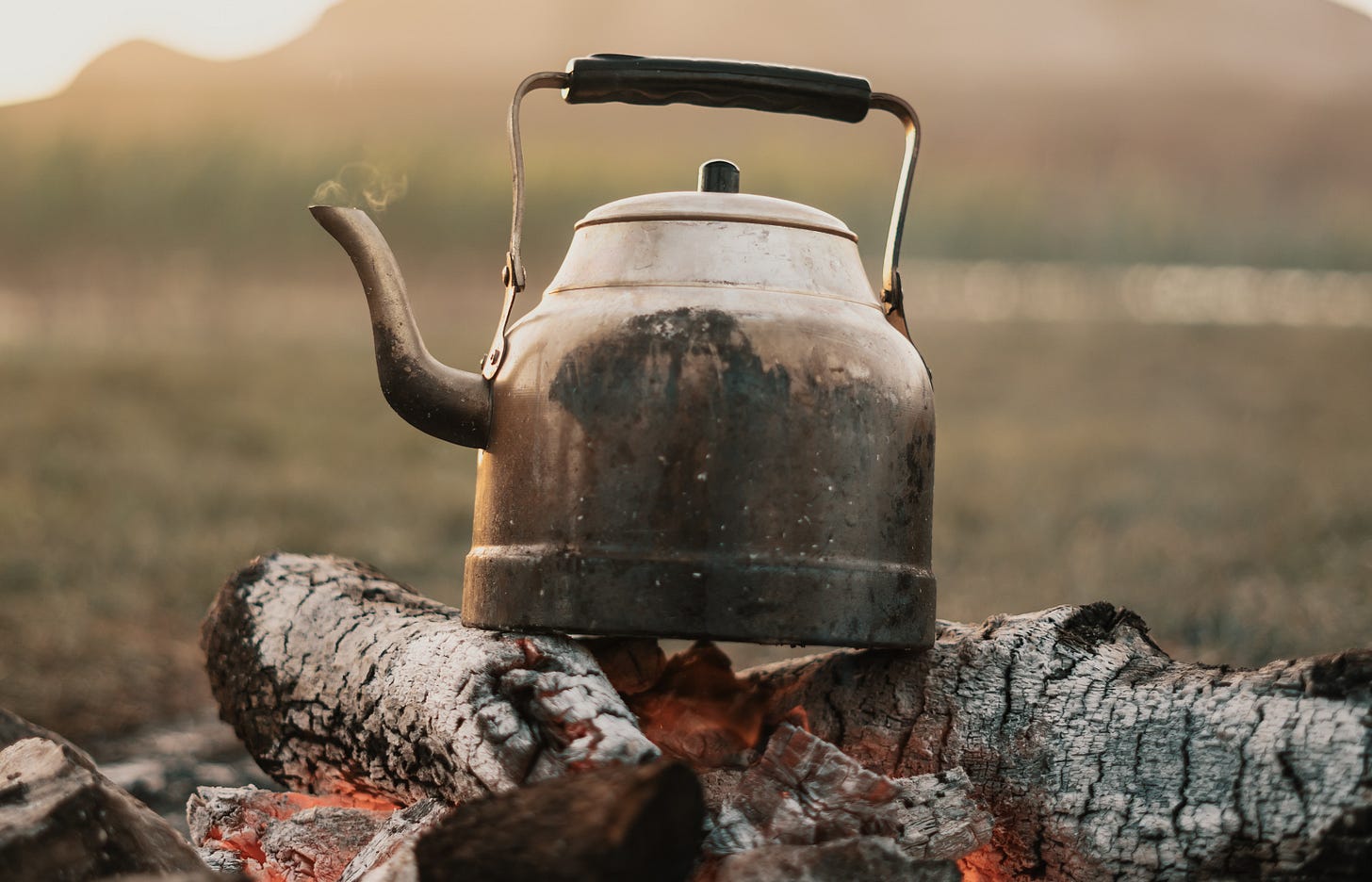 a rustic camp kettle sitting on campfire coals with mountains in the distance