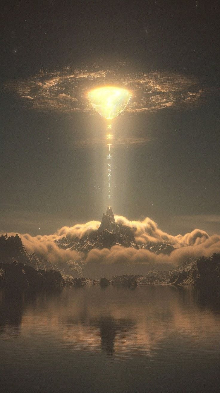 This may contain: an image of a mountain with a light coming out of it's center surrounded by clouds This may contain: an image of a mountain with a light coming out of it's center surrounded by clouds
