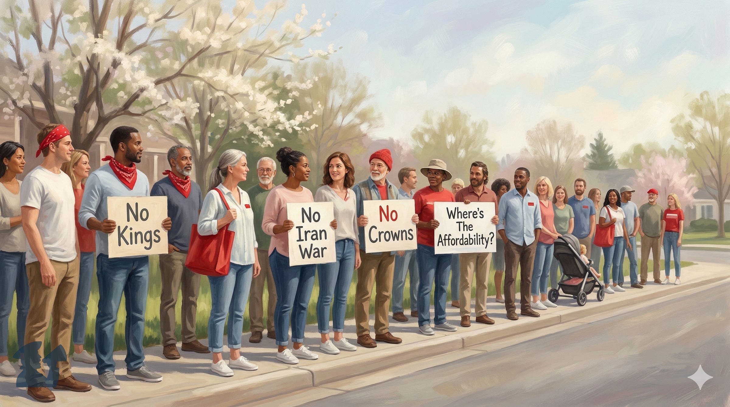 A painting of a diverse group of people gathered along a suburban sidewalk, holding handmade signs with text that reads 'No Kings', 'No Iran War', 'No Crowns', and 'Where's The Affordability?'. Blooming spring trees and houses are visible in the background under a partly cloudy sky. A painting of a diverse group of people gathered along a suburban sidewalk, holding handmade signs with text that reads 'No Kings', 'No Iran War', 'No Crowns', and 'Where's The Affordability?'. Blooming spring trees and houses are visible in the background under a partly cloudy sky.