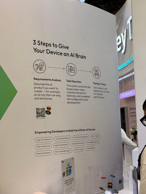 A five-image gallery from Tuya’s CES demo showing attendees interacting with Tuya’s smart-home platform: booth displays outlining how conversational prompts configure devices, close-up shots of the interface on a laptop, and Tuya staff demonstrating how natural-language commands generate on-device automations.