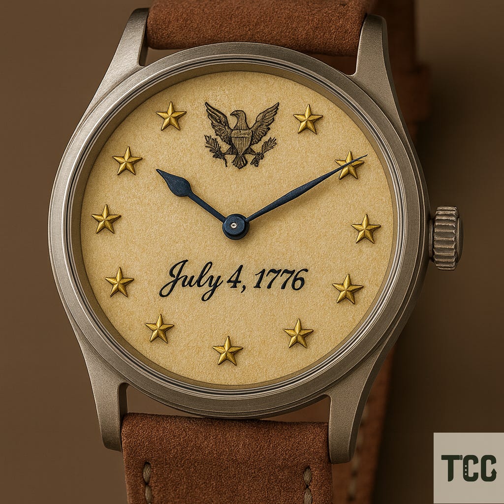A classic wristwatch with a parchment-textured dial featuring gold stars in place of hour markers, a bald eagle emblem at the top, and the date “July 4, 1776” written in script. Blue hands and a brown leather strap complete the design.