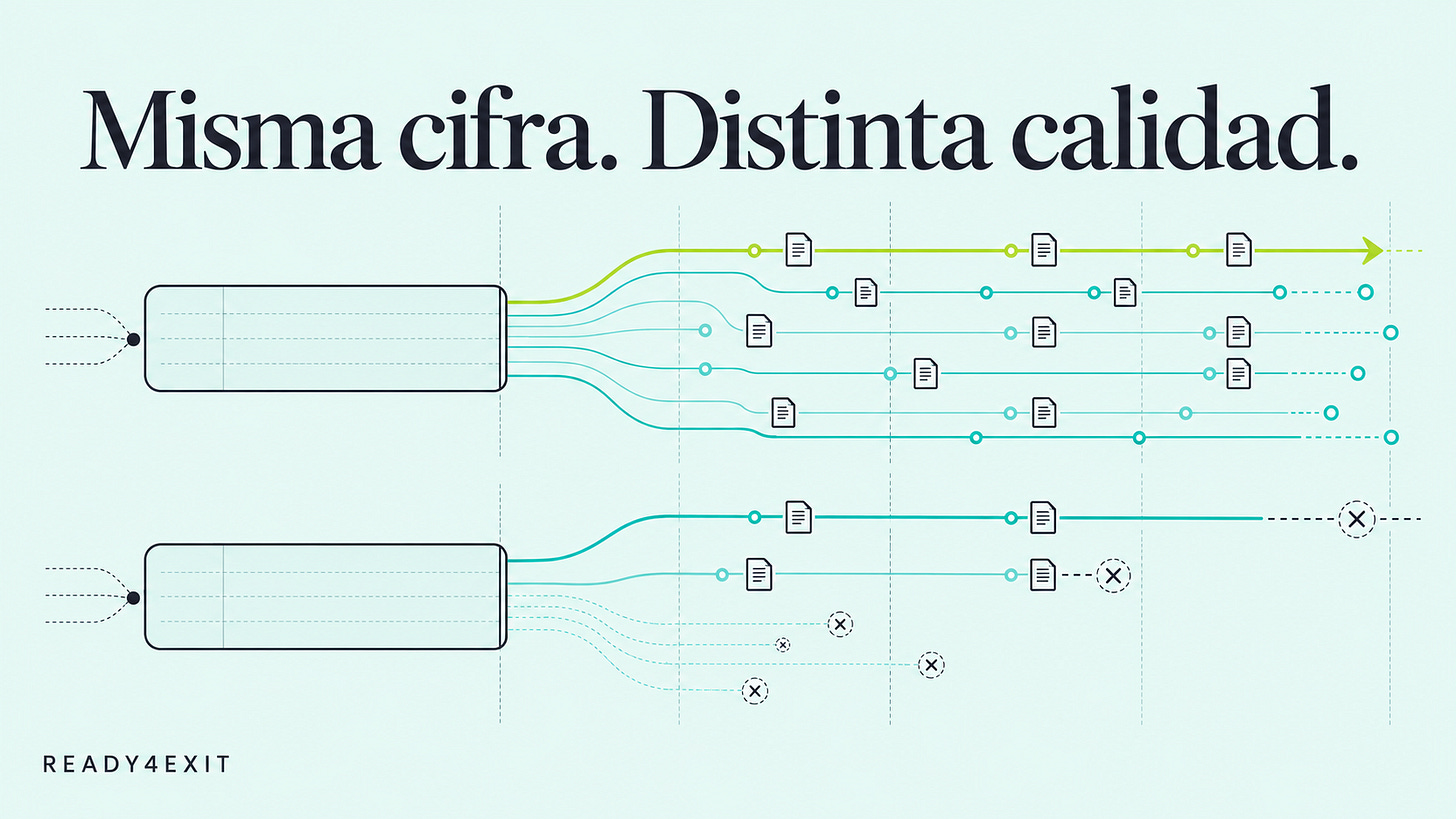 Diagrama editorial con dos estructuras de ingresos inicialmente iguales que evolucionan de forma distinta: una diversificada y continua y otra concentrada y con interrupciones. Diagrama editorial con dos estructuras de ingresos inicialmente iguales que evolucionan de forma distinta: una diversificada y continua y otra concentrada y con interrupciones.