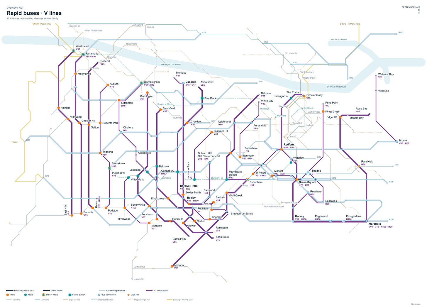 Figure 4. The 22 proposed V bus corridors in purple, with connecting H routes shown faintly. Nodes mark proposed transfers.