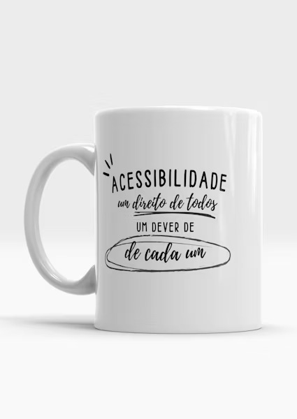 Galeria de imagens com 3 canecas e 3 blusas com o tema de acessibilidade