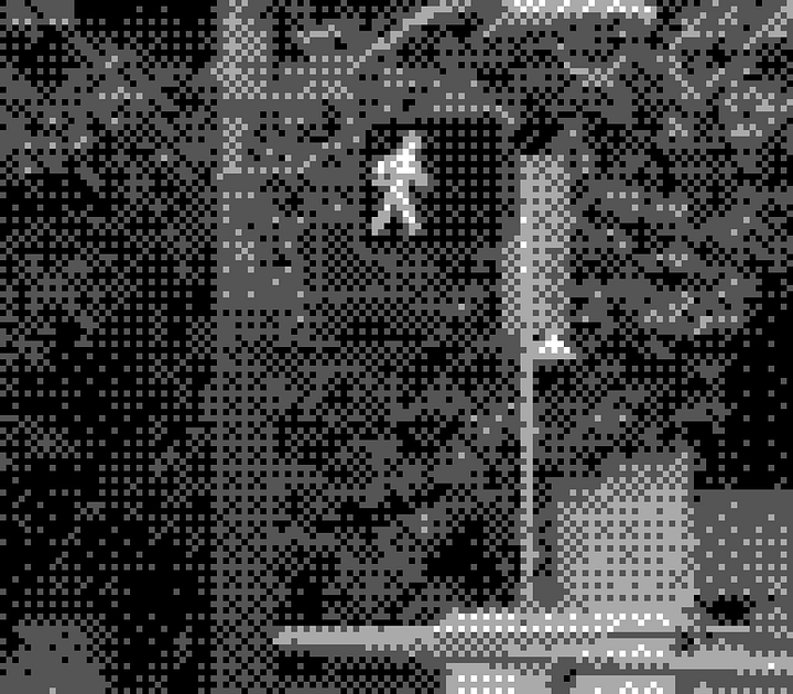 Dithered photos emulating the gray-scale and green palette of the Gameboy Camera: A pedestrian traffic light, and the Config main stage