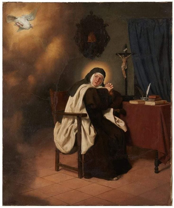 This may contain: a painting of a nun sitting in a chair with her hands clasped to her chest