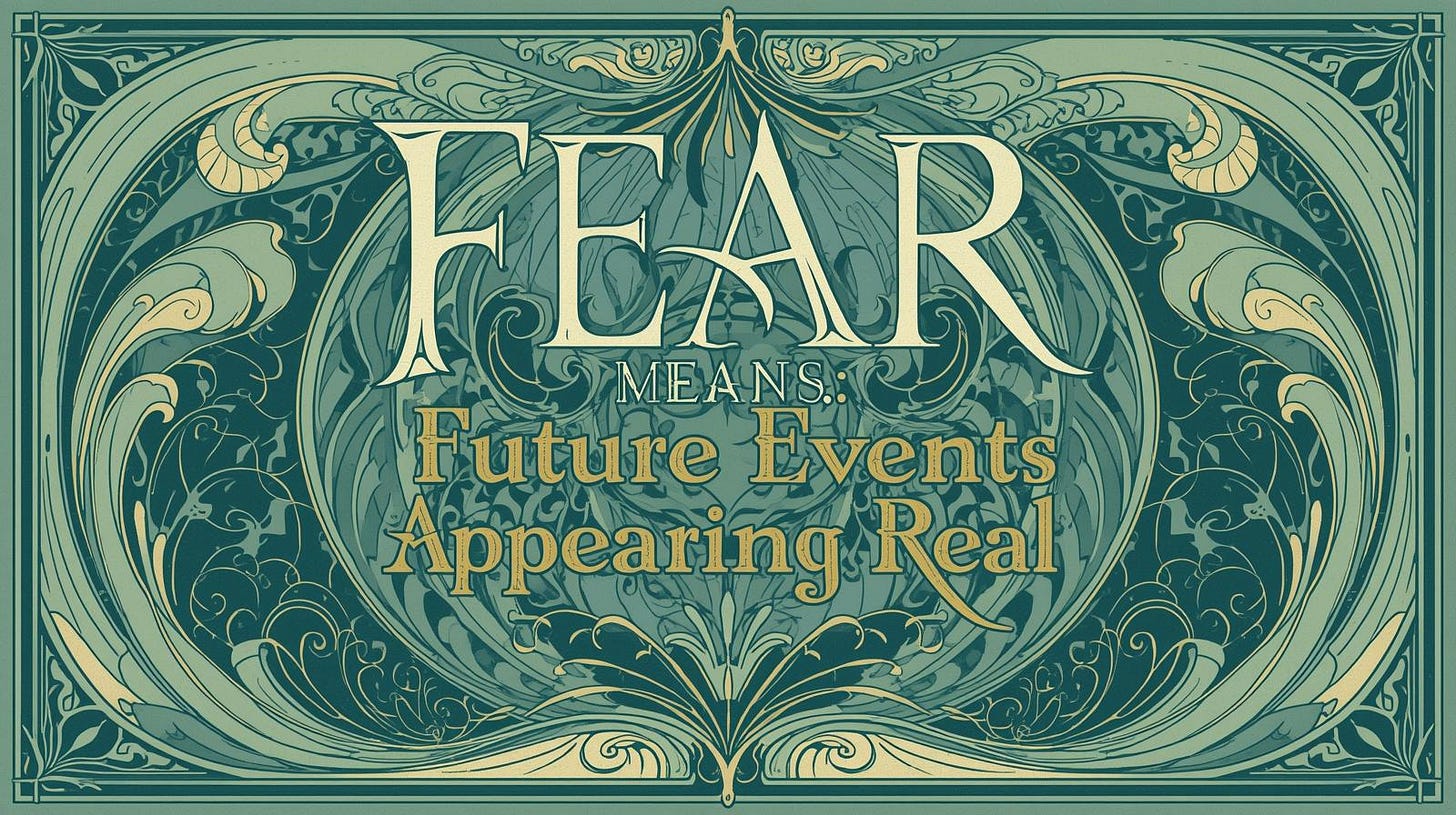 Green background with swirls, words Fear Means Future Events Appearing Real