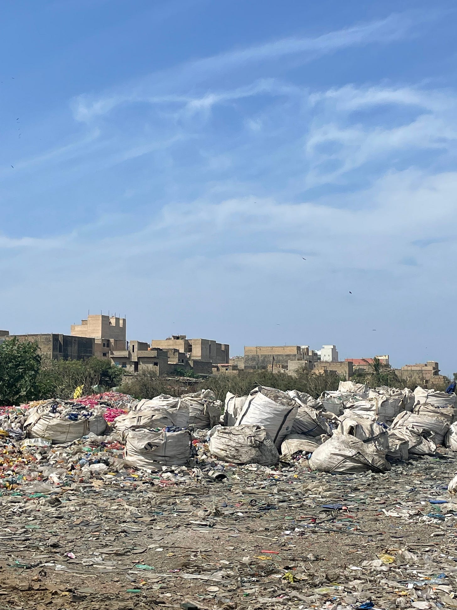 A large pile of garbage and plastic bags are scattered across an open field with buildings in the background under a partly cloudy sky.