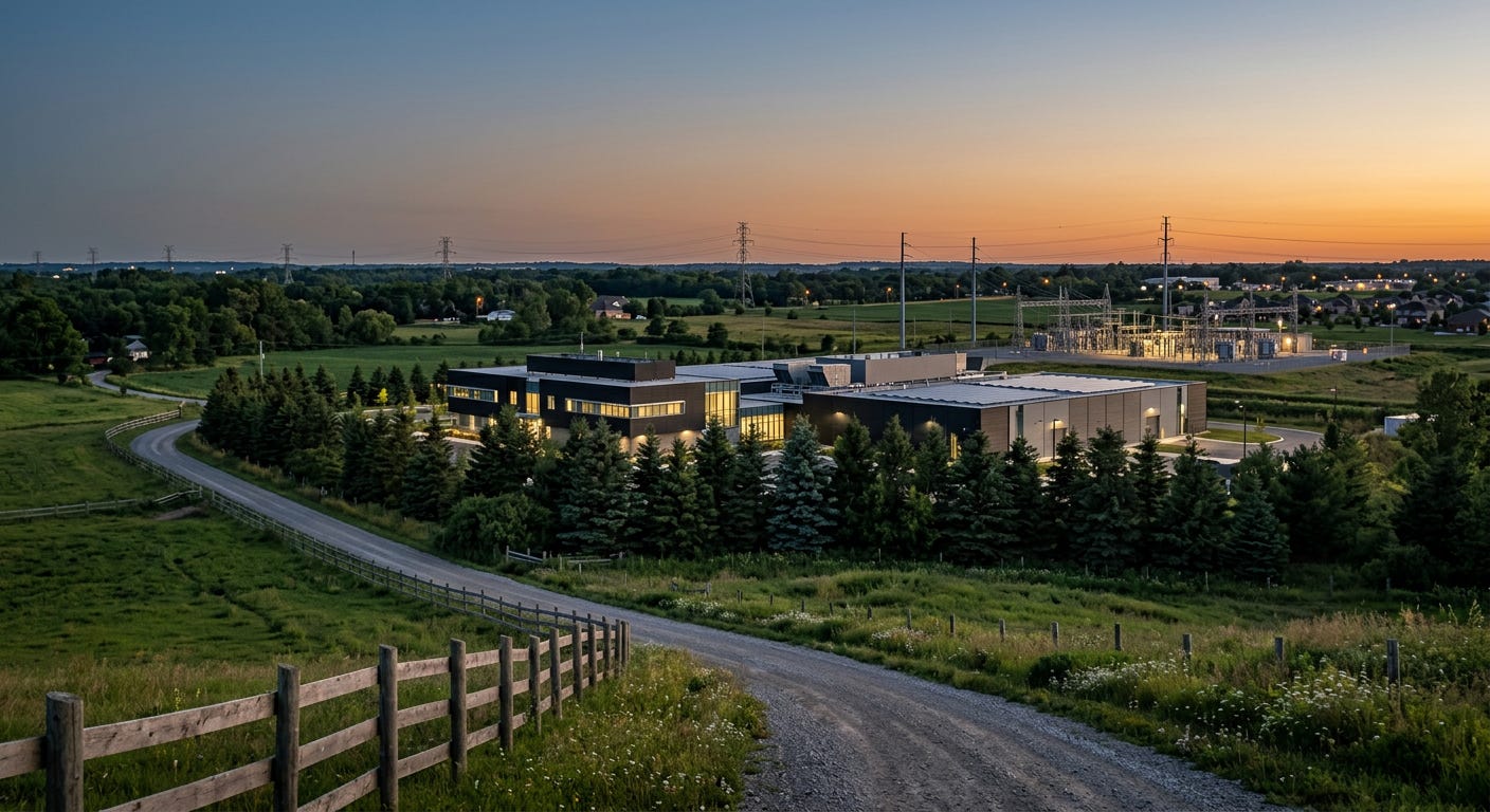 A modern, low-profile data center facility screened by evergreen trees and fence lines alongside a rural road at twilight, with power lines running toward a substation in the distance.