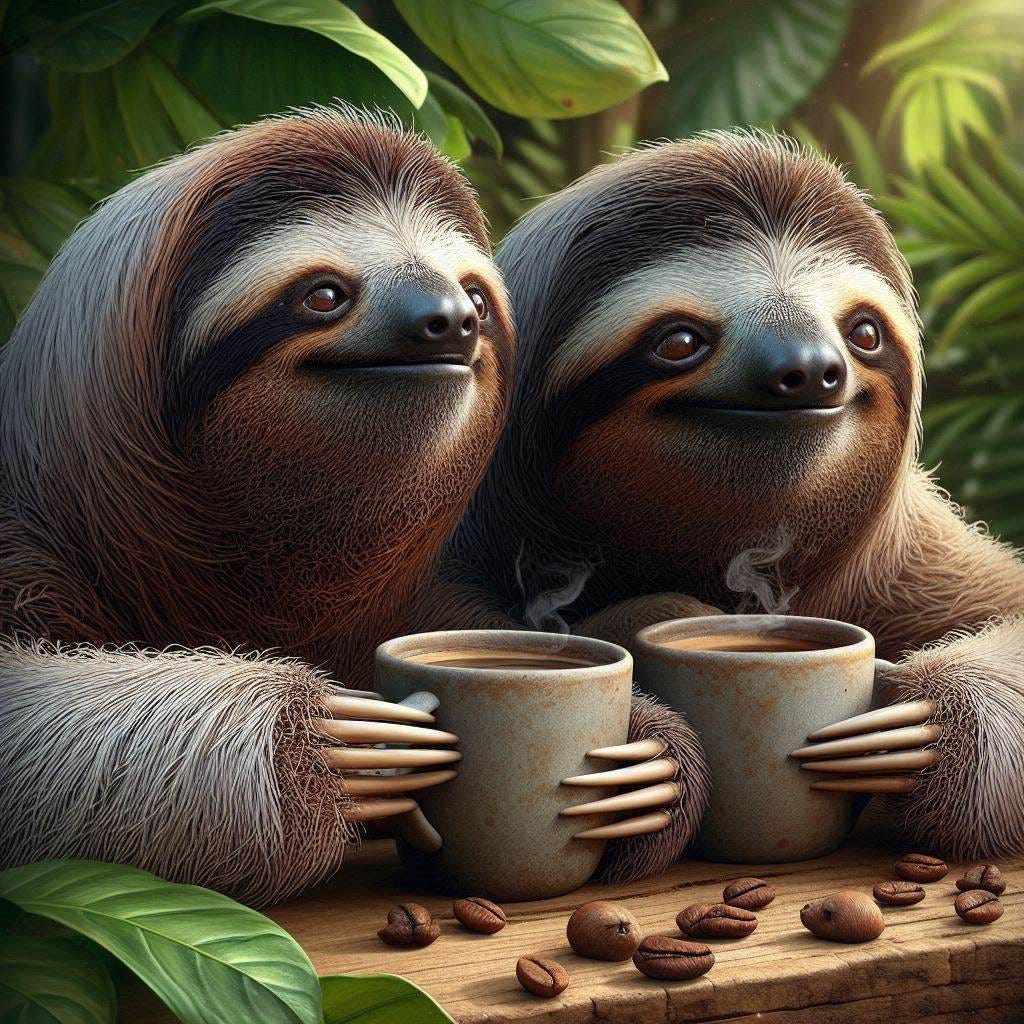 sloths drinking their morning coffee together photorealistic