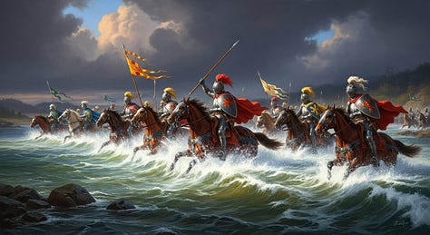 "Oil painting of knights on horseback crossing a river, with flowing capes, splashing water, and dramatic skies." - by GPT-4o, Imagen 4, and Seedream 3.0 image models