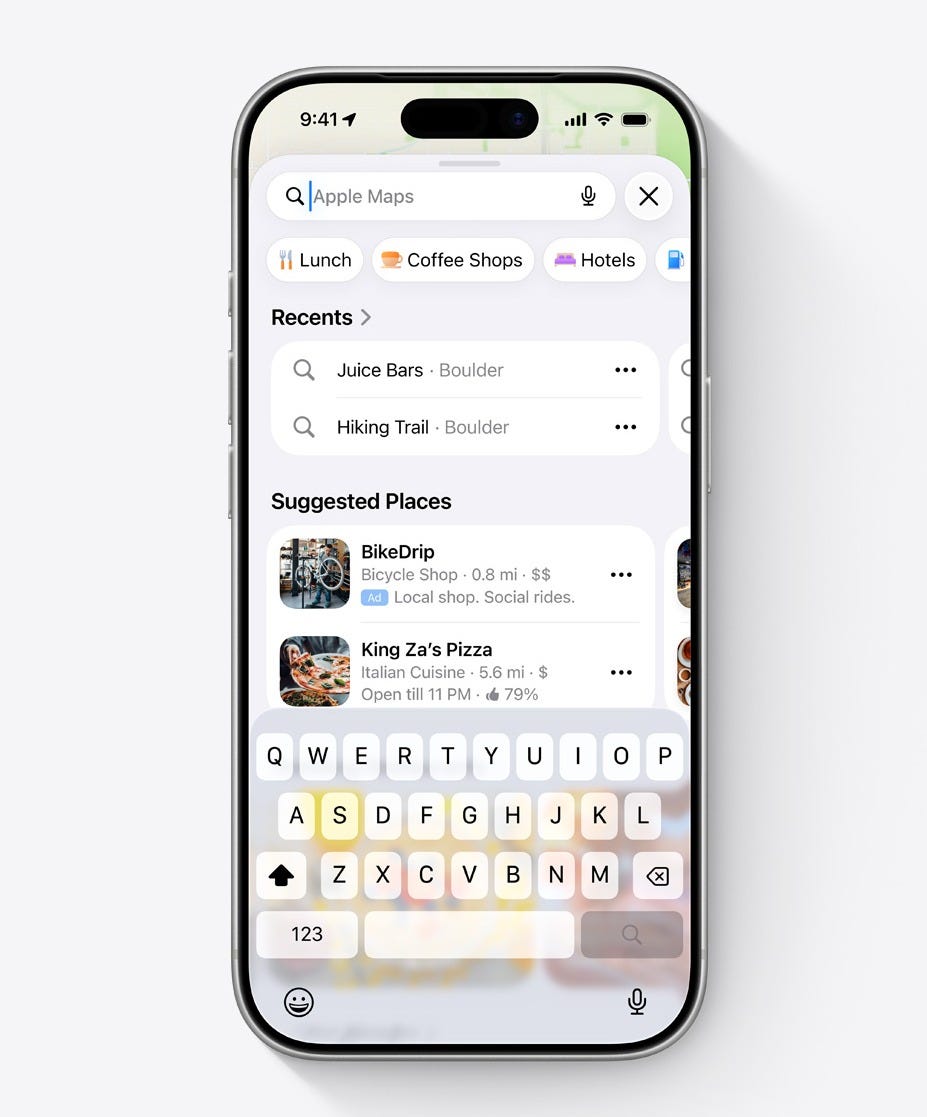 Apple Maps UI screen showing Suggested Places — with an ad for the fictional bike shop BikeDrip featured there.
