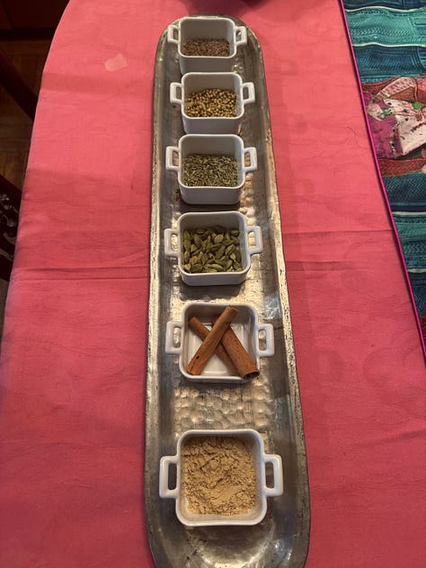 3 photos, one is a tray of spices, walking on the pavement, cup of hot tea