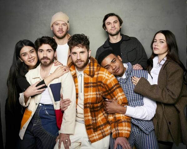 Patti Harrison, from left, Noah Galvin, Jimmy Tatro, Ben Platt, director Nick Lieberman, Owen Thiele, and director Molly Gordon pose for a portrait to promote the film "Theater Camp" at the Latinx House during the Sundance Film Festival on Friday, Jan. 20, 2023, in Park City, Utah. (Photo by Taylor Jewell/Invision/AP) Patti Harrison, from left, Noah Galvin, Jimmy Tatro, Ben Platt, director Nick Lieberman, Owen Thiele, and director Molly Gordon pose for a portrait to promote the film "Theater Camp" at the Latinx House during the Sundance Film Festival on Friday, Jan. 20, 2023, in Park City, Utah. (Photo by Taylor Jewell/Invision/AP)