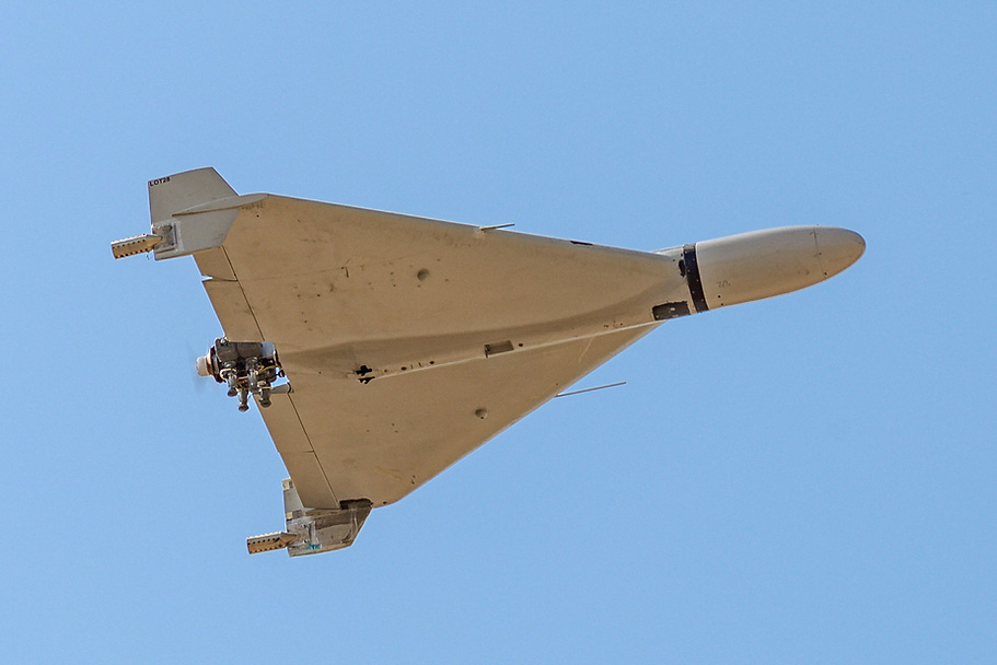 A rare high-definition image of Shahed-136 in flight captured at an airshow in Iran. Note the additional equipment mounted on the wing stabilizers for the purposes of the aerial display. A rare high-definition image of Shahed-136 in flight captured at an airshow in Iran. Note the additional equipment mounted on the wing stabilizers for the purposes of the aerial display.